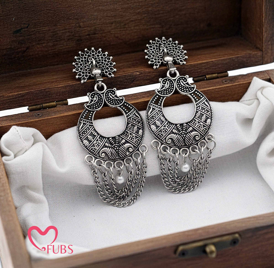 Oxidized Silver Peacock Earrings with Bead Chains