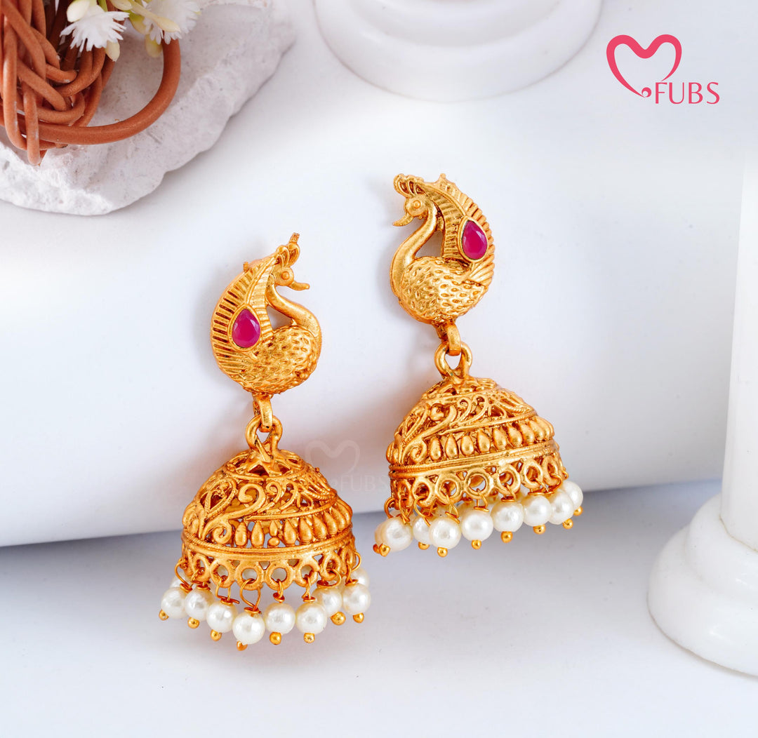 Gold Peacock Jhumka Earrings with Pearl Detailing