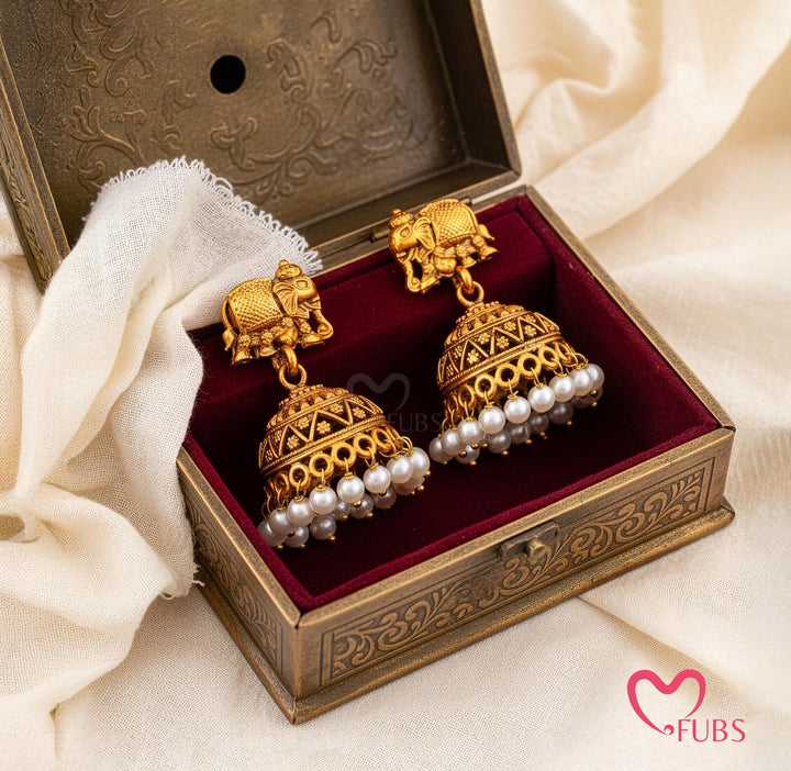 Gold Elephant Motif Jhumka Earrings with Pearls