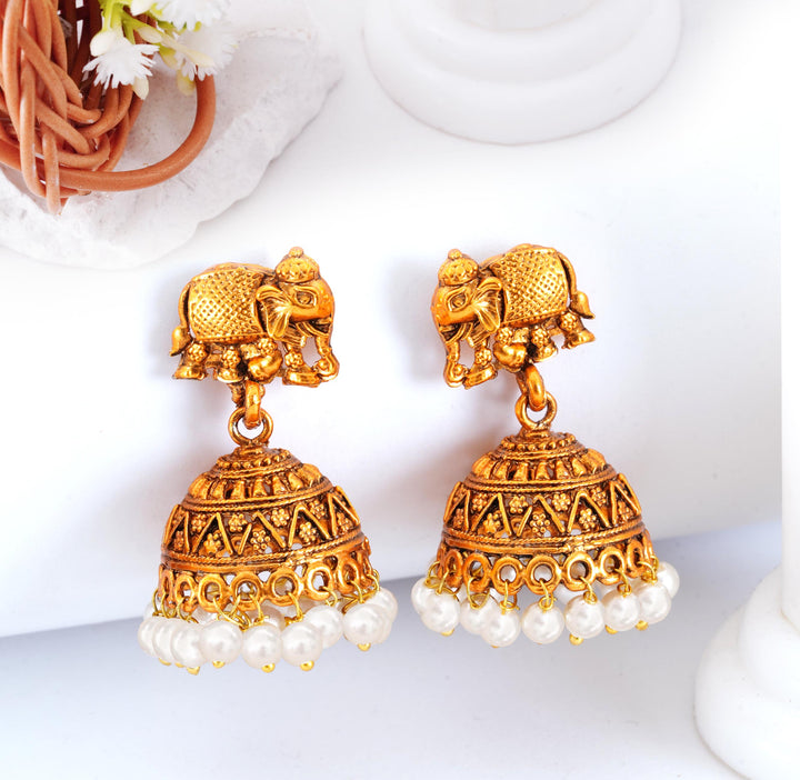 Gold Elephant Motif Jhumka Earrings with Pearls