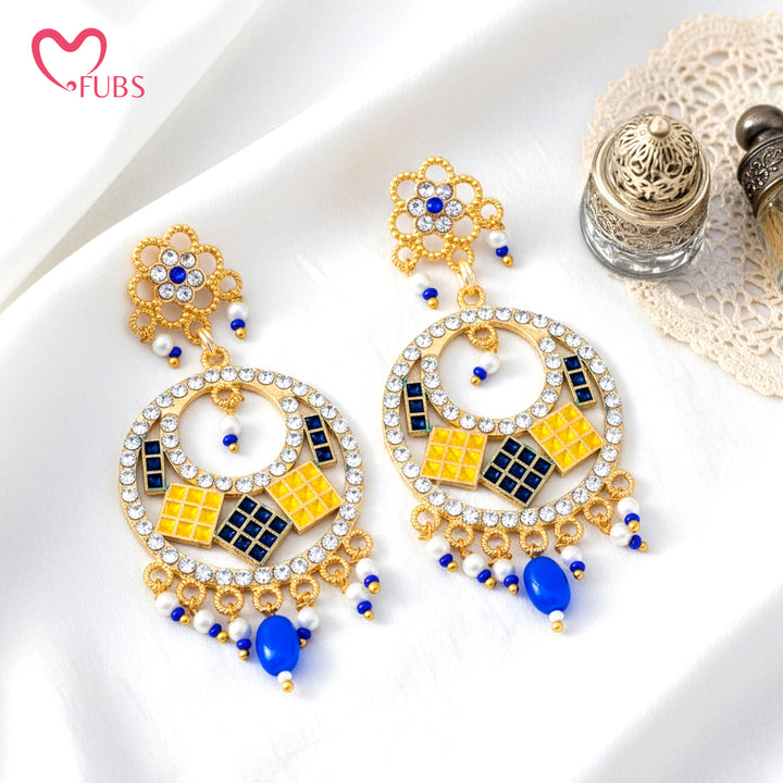 Gold Geometric Earrings with Rhinestones & Beads