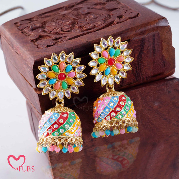 Multicolored Floral Jhumka Earrings with Beads