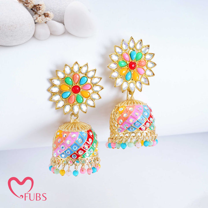 Multicolored Floral Jhumka Earrings with Beads