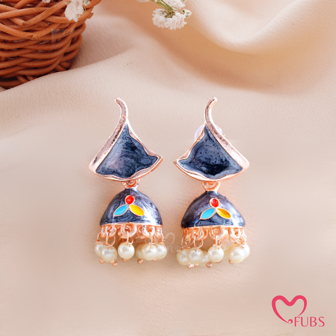 Enamel Flame Top Jhumka Earrings with Pearl Droplets
