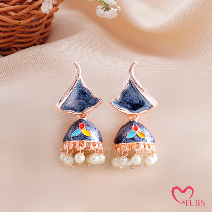 Enamel Flame Top Jhumka Earrings with Pearl Droplets