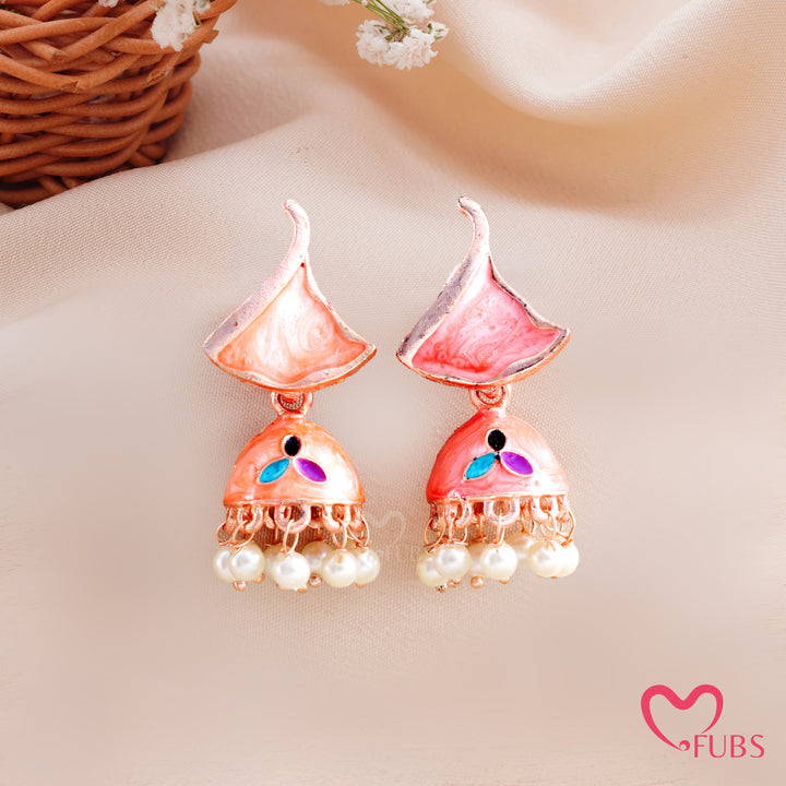 Enamel Flame Top Jhumka Earrings with Pearl Droplets