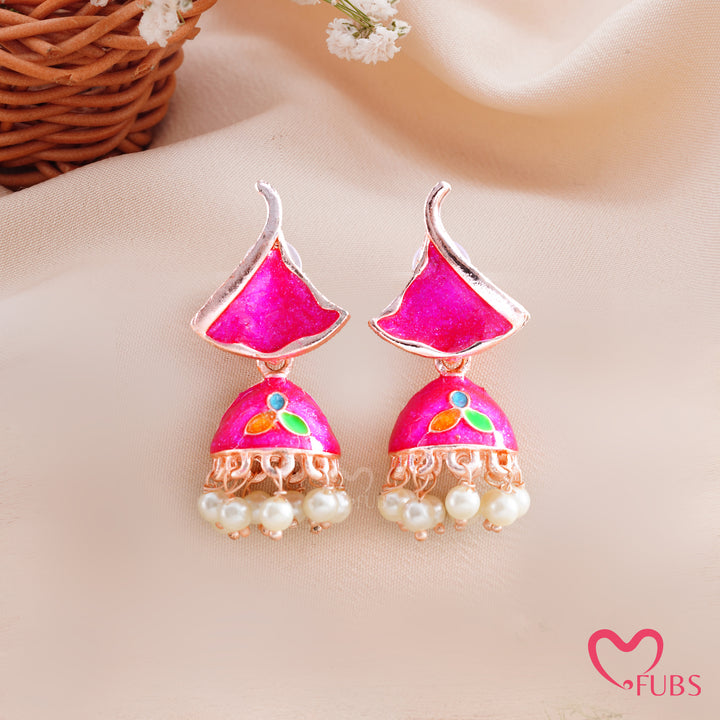 Enamel Flame Top Jhumka Earrings with Pearl Droplets