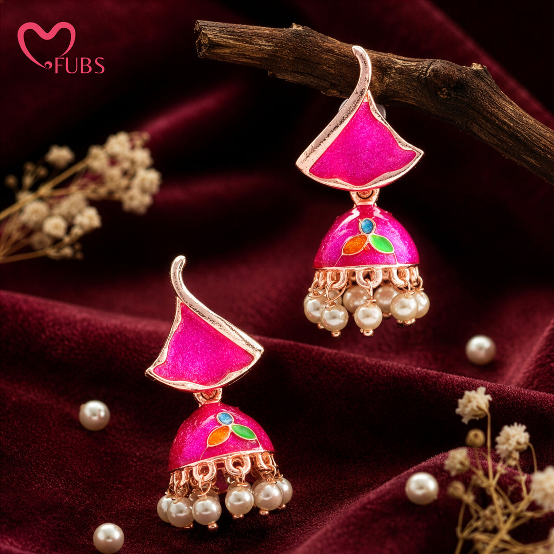 Enamel Flame Top Jhumka Earrings with Pearl Droplets