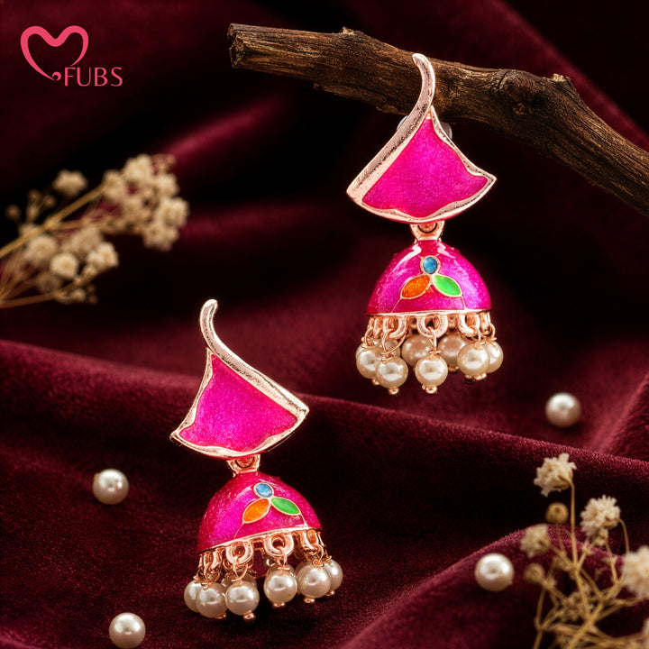 Enamel Flame Top Jhumka Earrings with Pearl Droplets