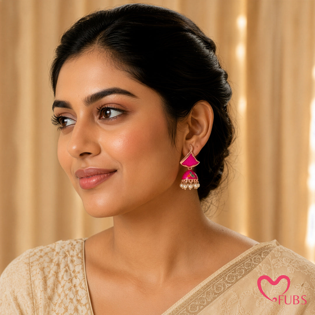 Enamel Flame Top Jhumka Earrings with Pearl Droplets