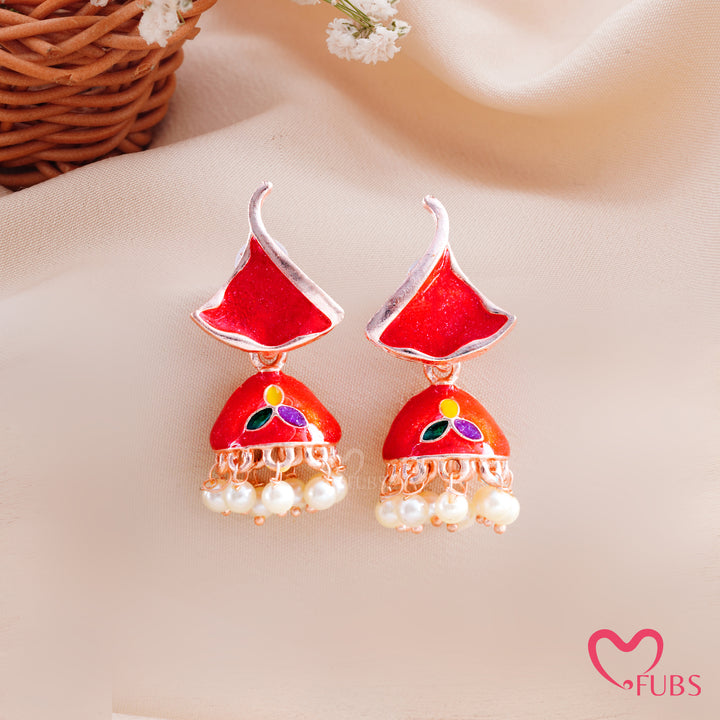 Enamel Flame Top Jhumka Earrings with Pearl Droplets