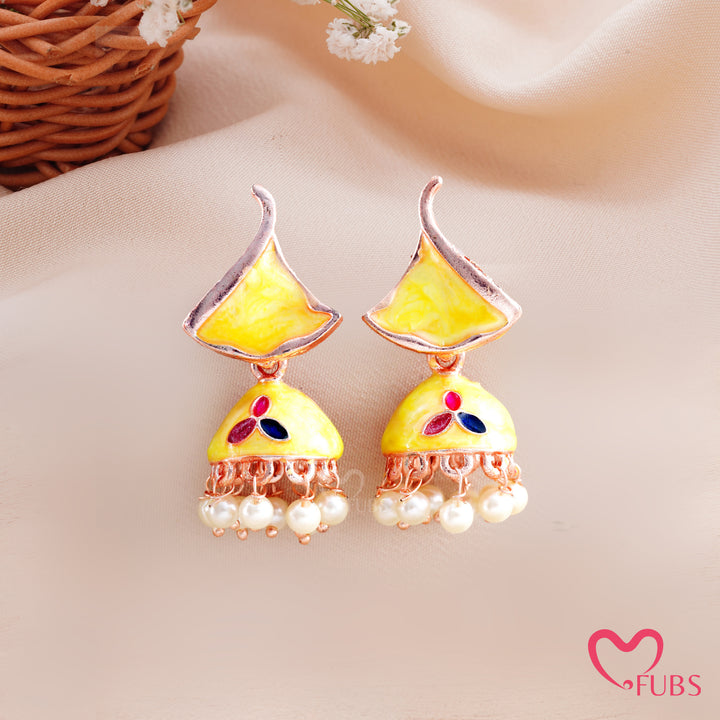 Enamel Flame Top Jhumka Earrings with Pearl Droplets
