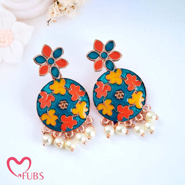 Floral Motif Earrings with Pearls & Vibrant Design