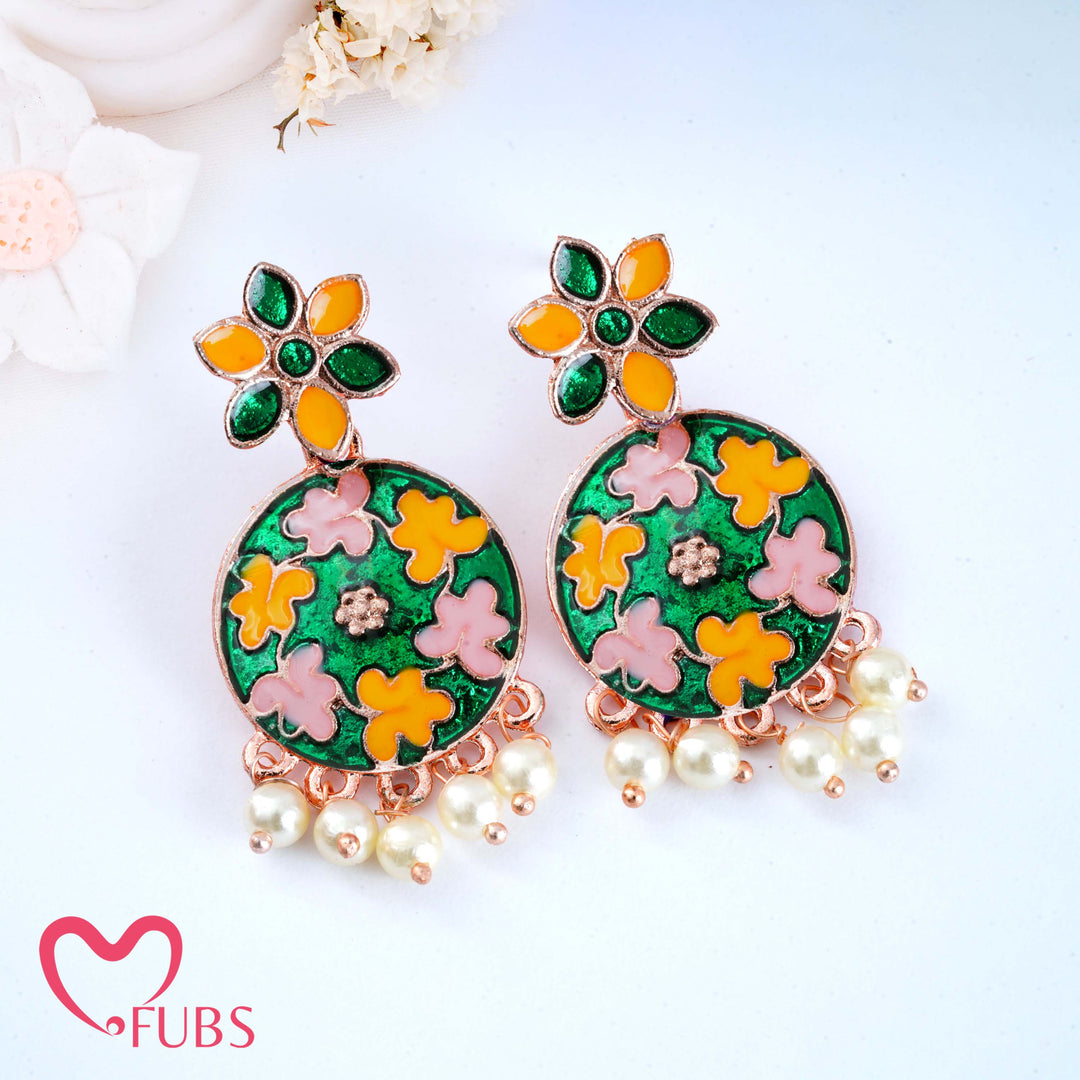 Floral Motif Earrings with Pearls & Vibrant Design