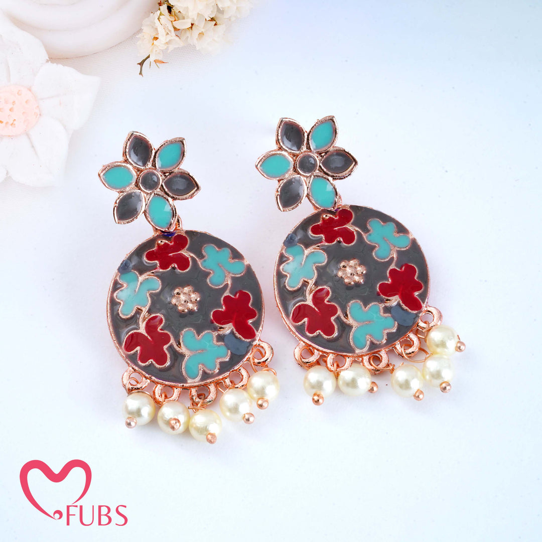 Floral Motif Earrings with Pearls & Vibrant Design