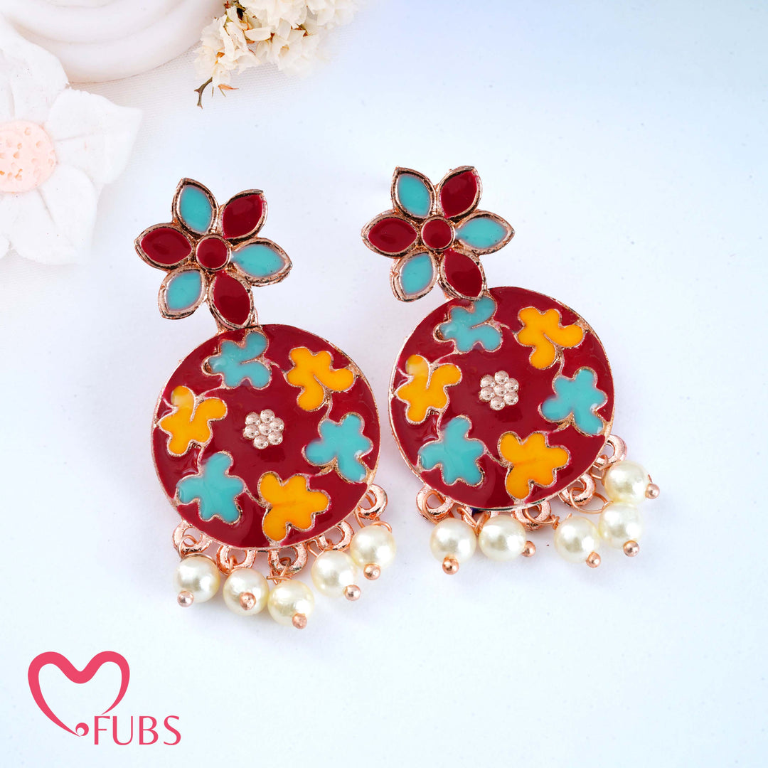 Floral Motif Earrings with Pearls & Vibrant Design