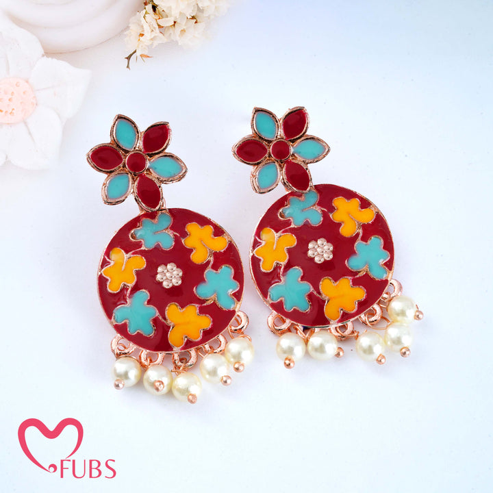 Floral Motif Earrings with Pearls & Vibrant Design
