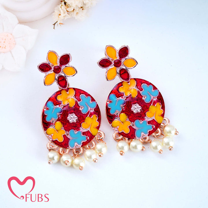Floral Motif Earrings with Pearls & Vibrant Design