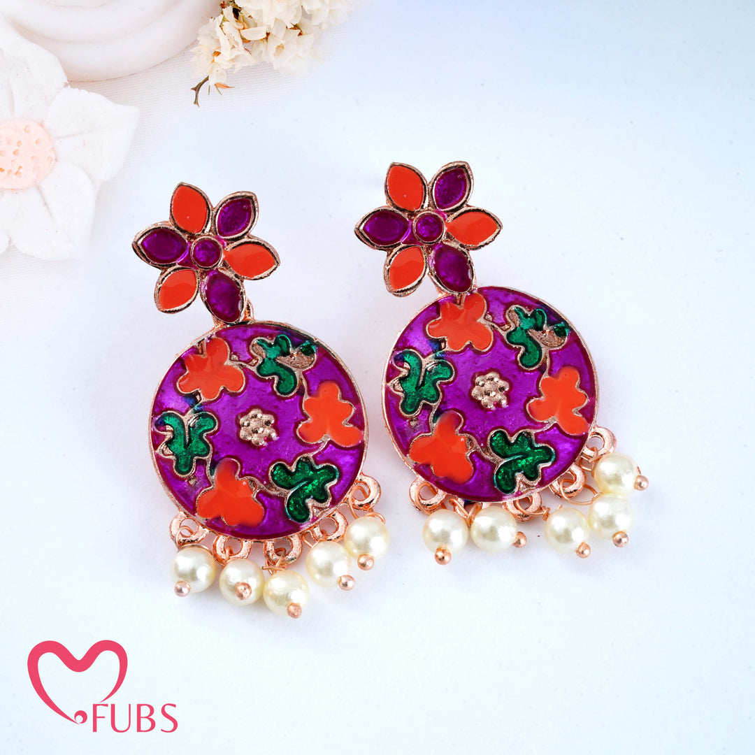 Floral Motif Earrings with Pearls & Vibrant Design
