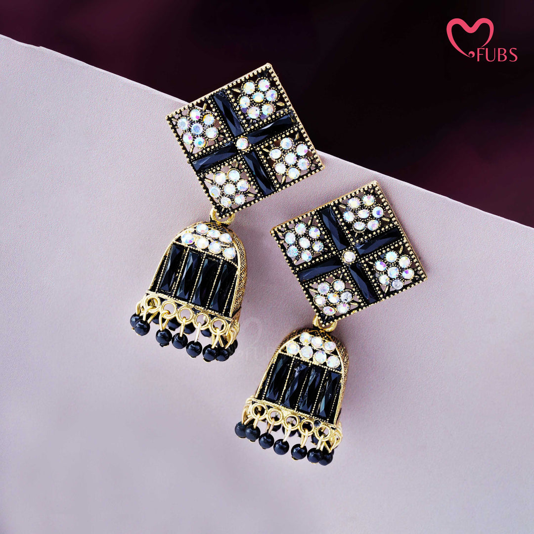 Square Motif Dome Earrings with Stones & Beads
