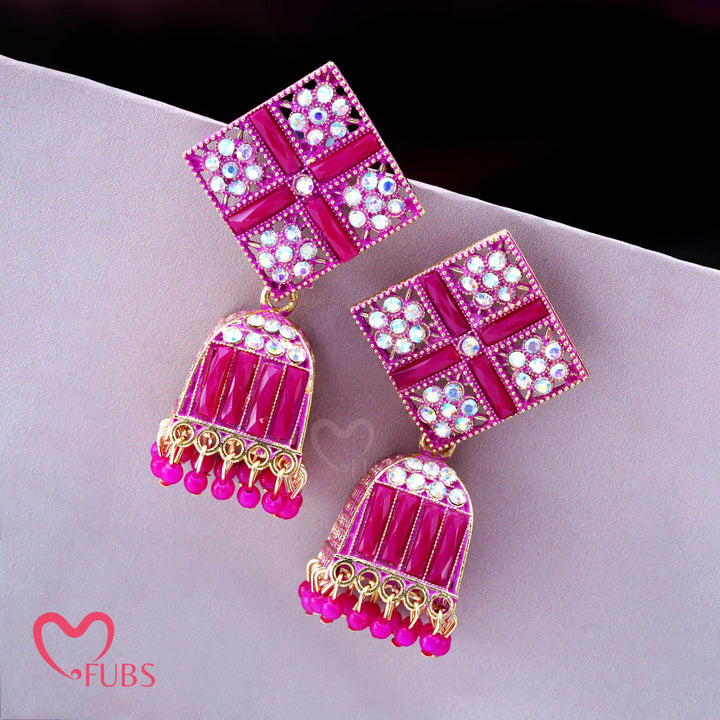 Square Motif Dome Earrings with Stones & Beads