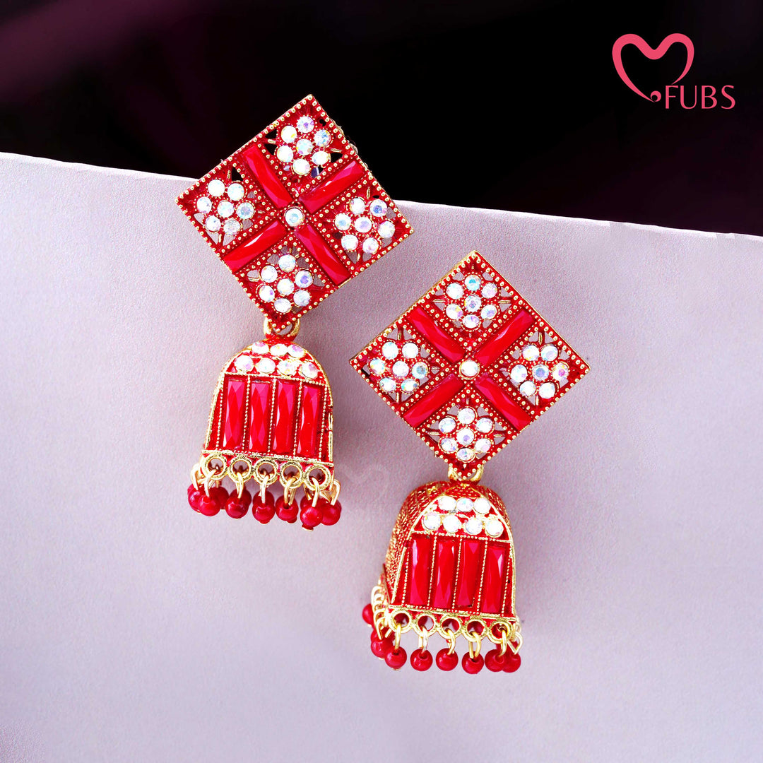 Square Motif Dome Earrings with Stones & Beads