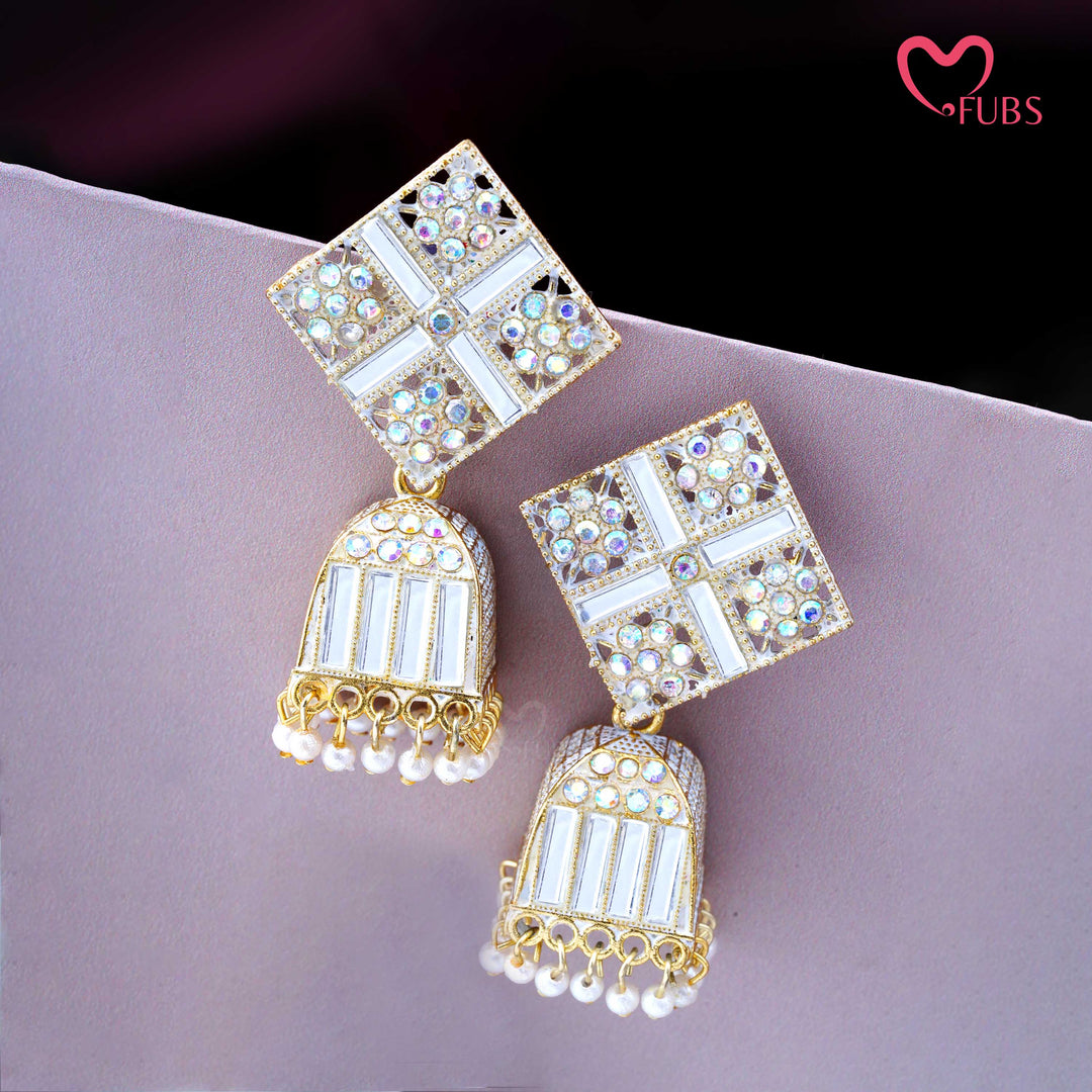 Square Motif Dome Earrings with Stones & Beads