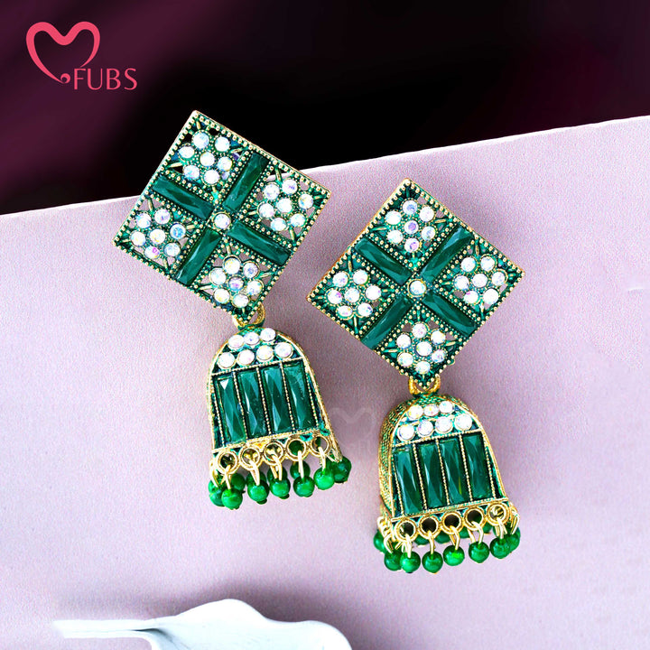 Square Motif Dome Earrings with Stones & Beads