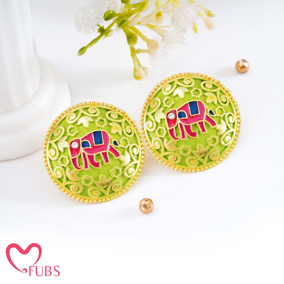 Elephant Motif Earrings with Vibrant Floral Design