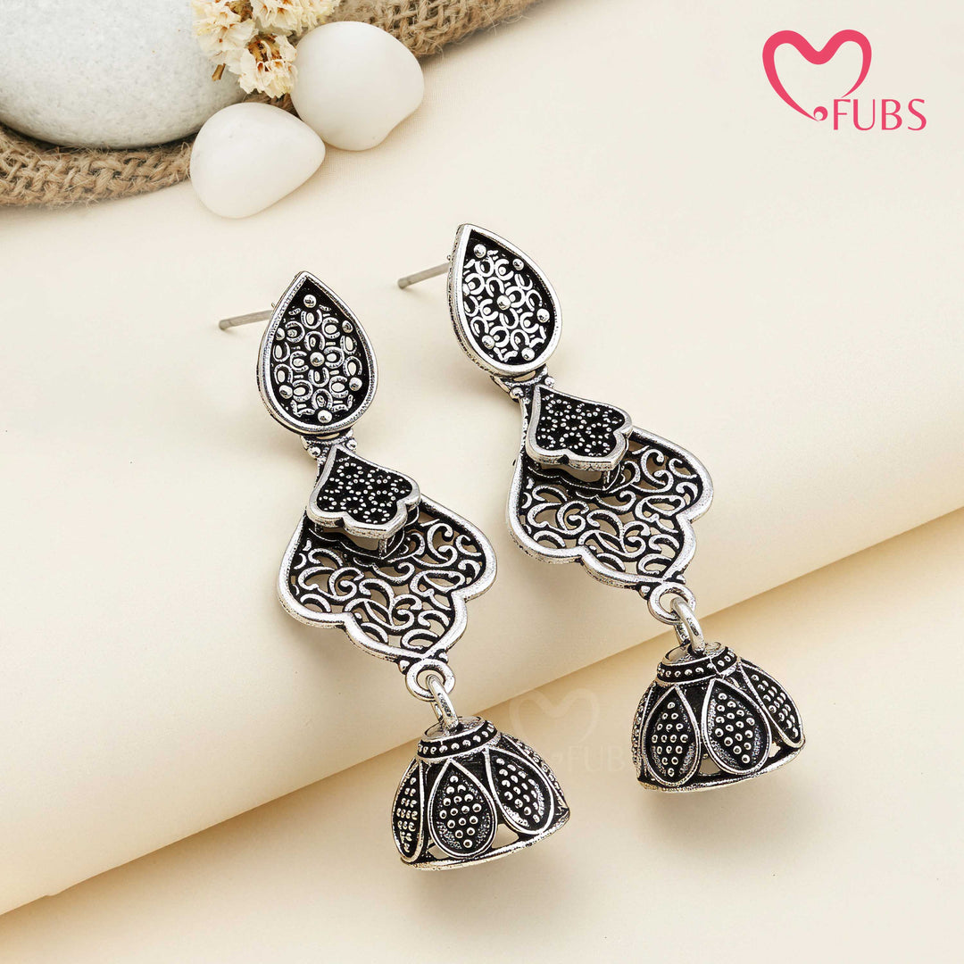 Oxidized Jhumka Earrings with Filigree