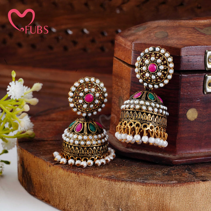 Pink & Green Gemstone Jhumka Earrings with Pearls