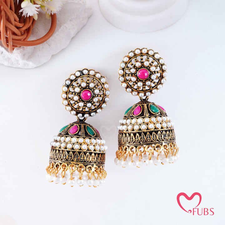 Pink & Green Gemstone Jhumka Earrings with Pearls