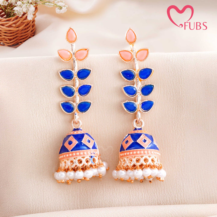 Leaf Motif Jhumka Earrings with Pearls