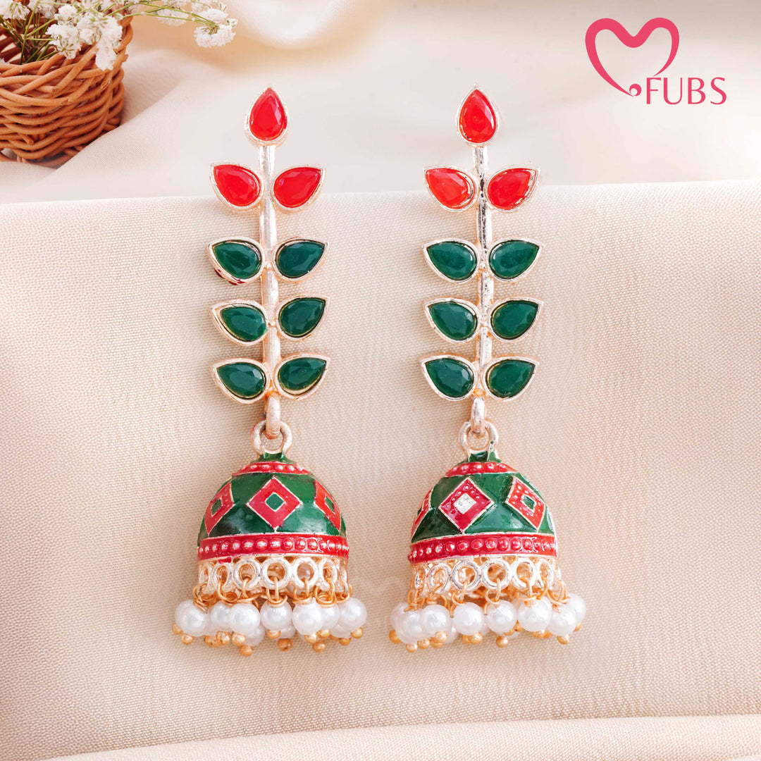 Leaf Motif Jhumka Earrings with Pearls