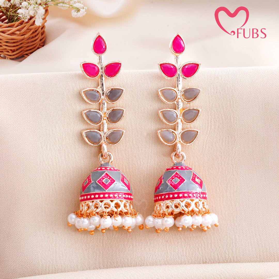 Leaf Motif Jhumka Earrings with Pearls