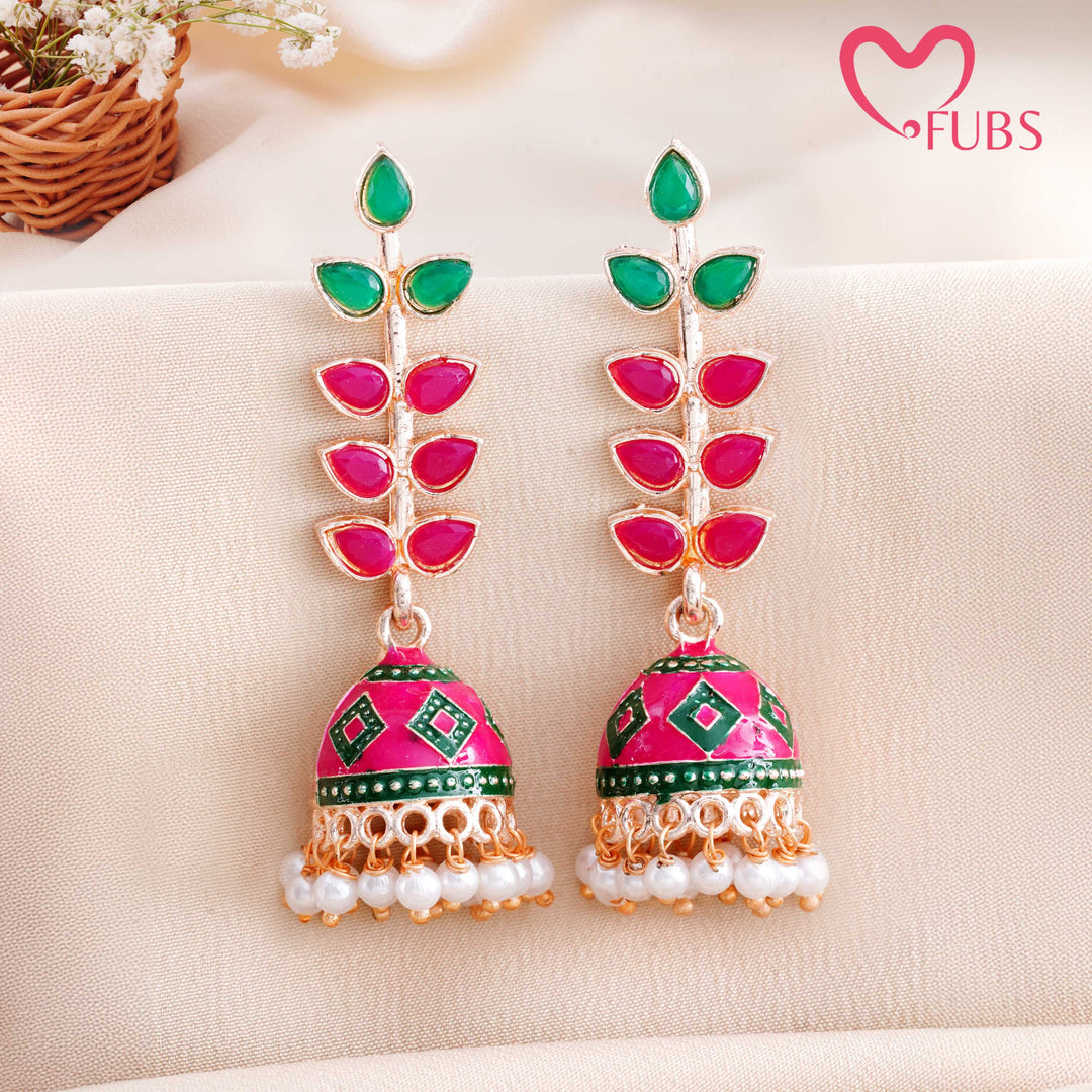 Leaf Motif Jhumka Earrings with Pearls