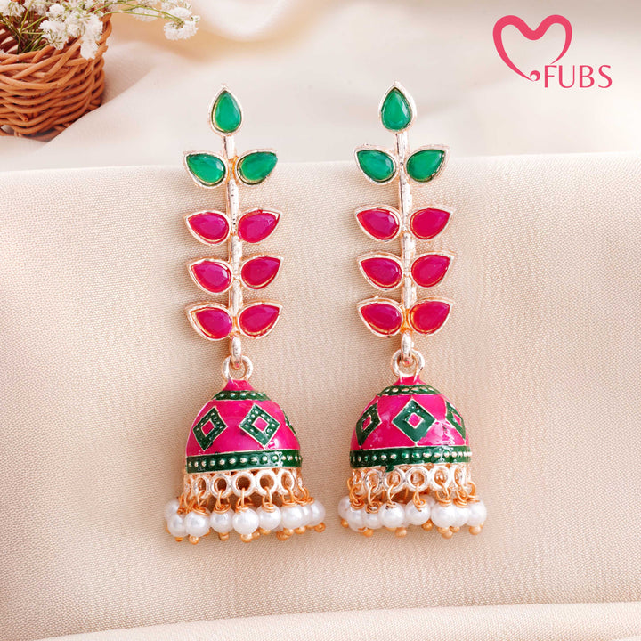 Leaf Motif Jhumka Earrings with Pearls