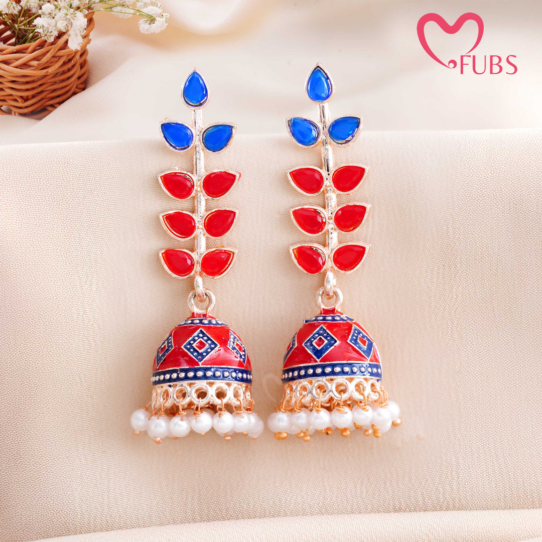 Leaf Motif Jhumka Earrings with Pearls