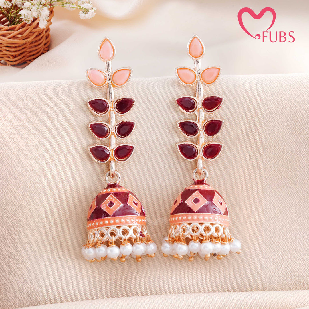 Leaf Motif Jhumka Earrings with Pearls