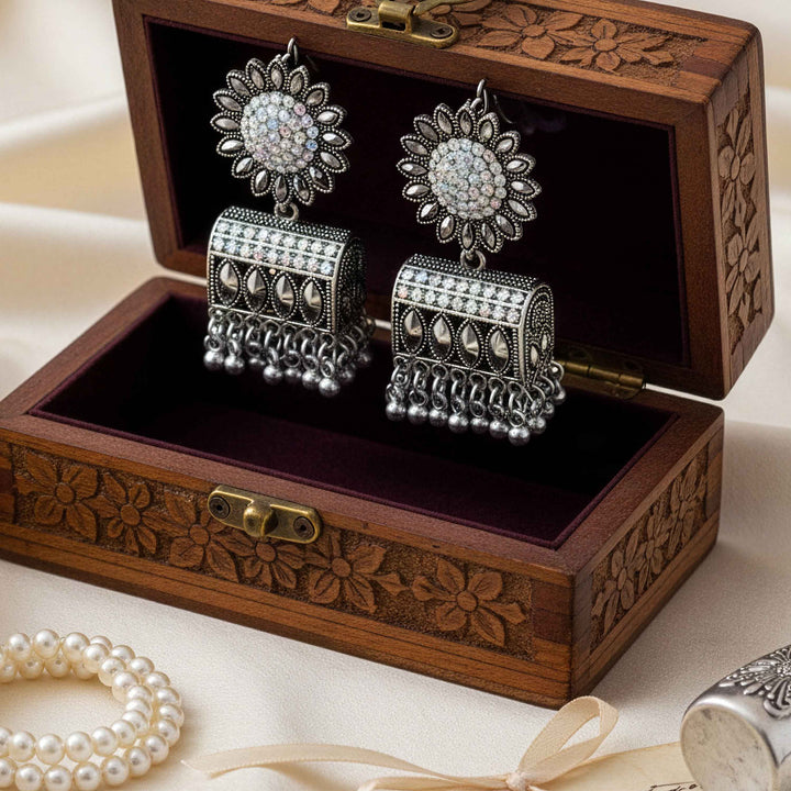 Floral Motif Earrings with Rectangular Design