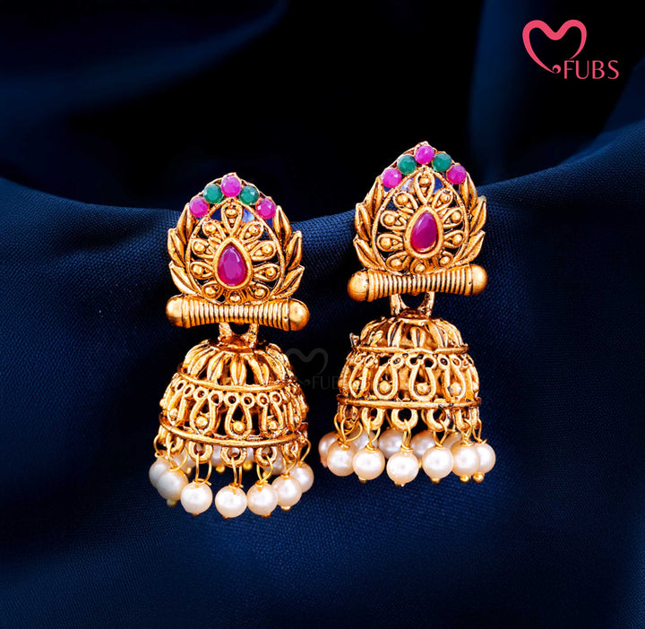 Traditional Jhumka Earrings with Gemstone Detailing