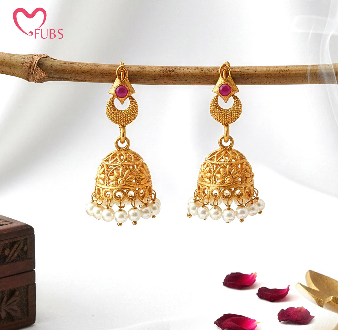Dome Motif Jhumka Earrings with Pearl Fringe