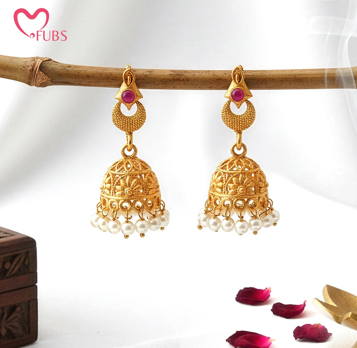 Dome Motif Jhumka Earrings with Pearl Fringe