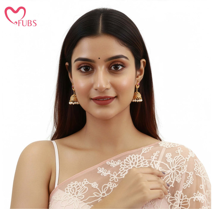 Dome Motif Jhumka Earrings with Pearl Fringe