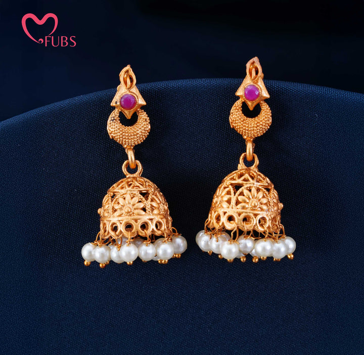 Dome Motif Jhumka Earrings with Pearl Fringe