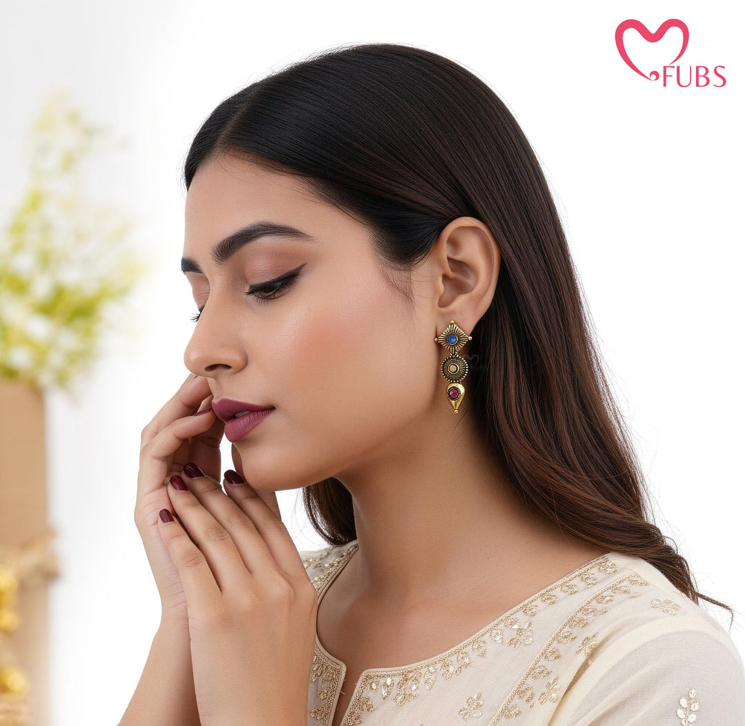 Diamond, Circular & Teardrop Motif Earrings