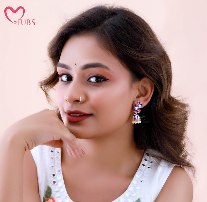 Rectangular & Dome Motif Earrings with Pearls