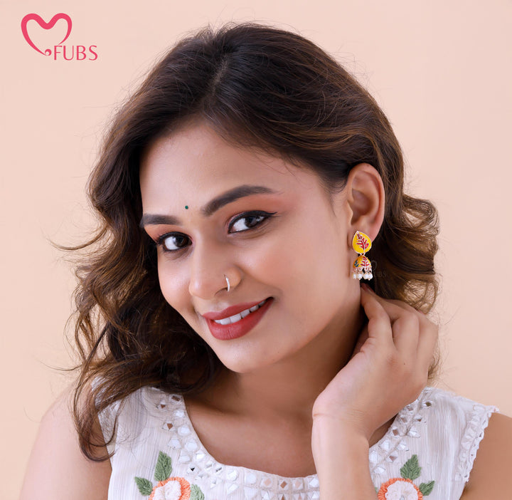 Teardrop & Semi-Circular Motif Earrings with Pearls