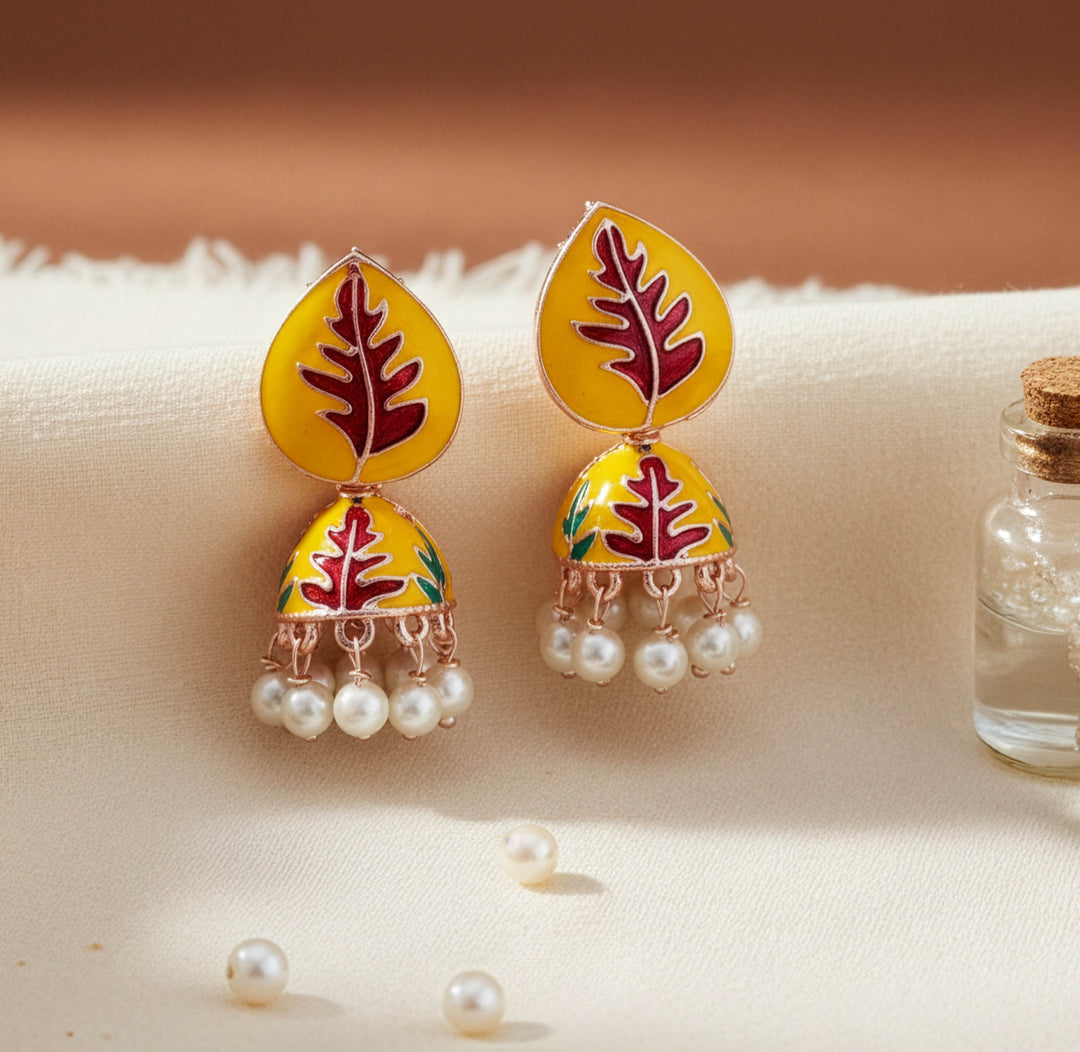 Teardrop & Semi-Circular Motif Earrings with Pearls