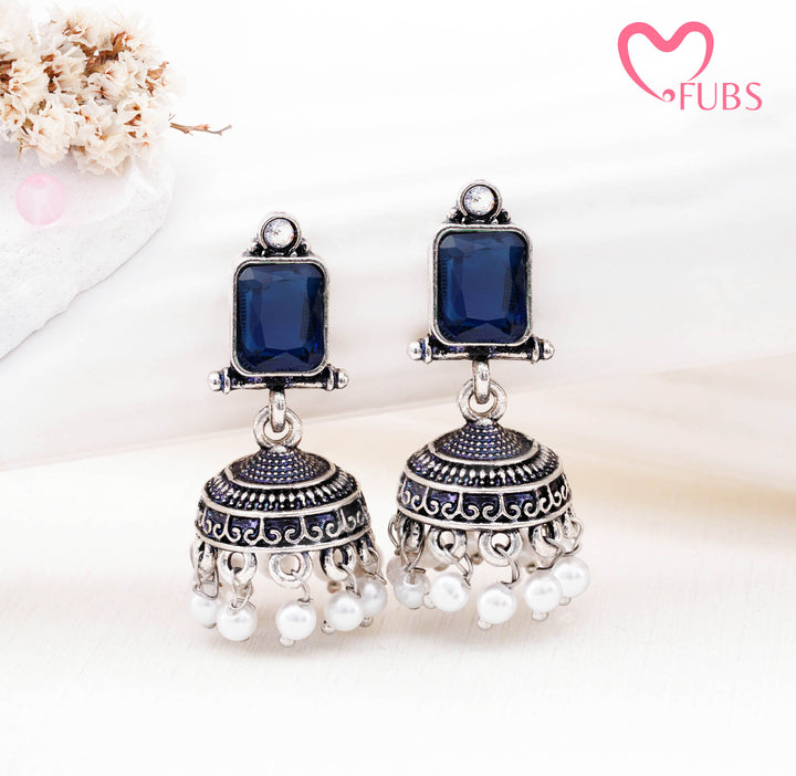 Rectangular Gemstone Jhumka Earrings with Pearls